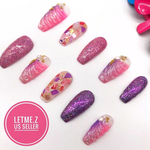 Press on Nails Glue On Long Coffin 3D Mermaid Pink - Picture 3 of 6